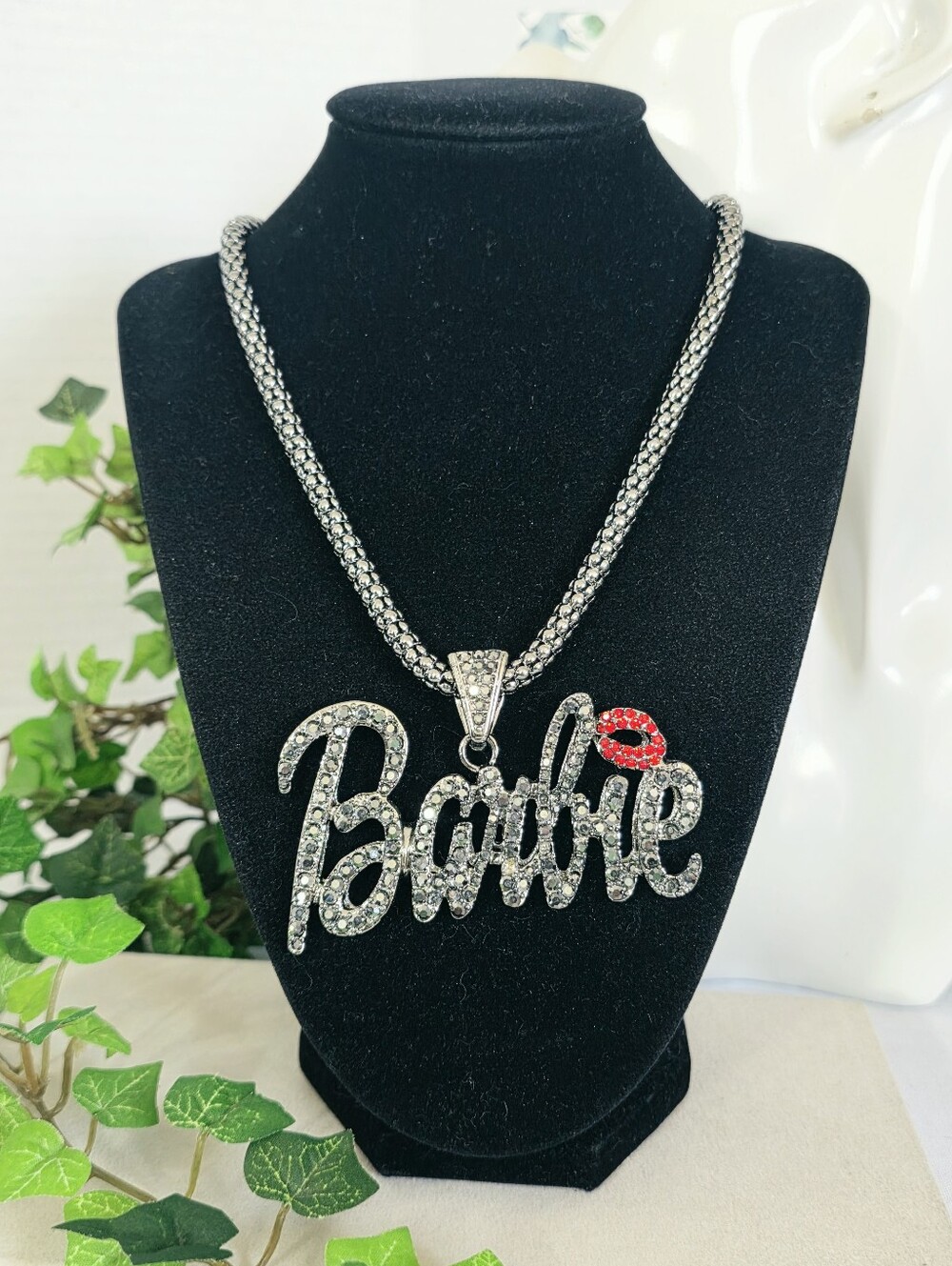 Dazzling Gunmetal Rhinestone "Barbie" Statement Pendant Necklace